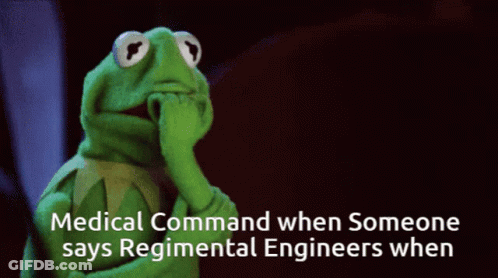 Kermit The Frog Is Thinking With The Words Medical Command When Someone Says Regimental Engineers When Below Him GIF