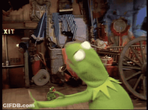 Kermit The Frog Stands In Front Of A Sign That Says Exit GIF