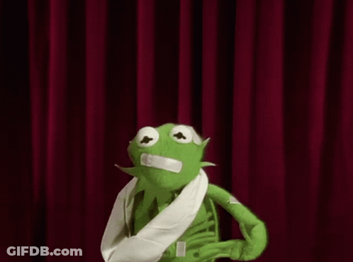 Kermit The Frog With Arm Bandage And Red Curtain GIF