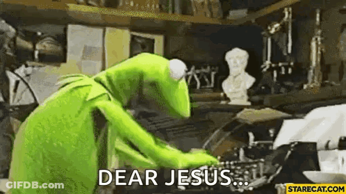 Kermit The Frog Working On Typewriter Saying Dear Jesus GIF