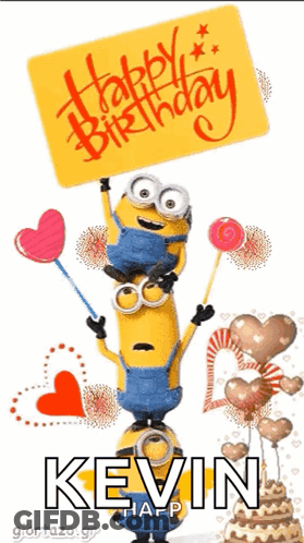 Kevin Birthday Card With Minions Holding Balloons And Lollipops GIF