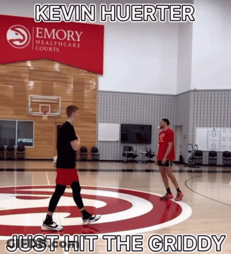 Kevin Huerter Just Hit The Griddy Is Written Above A Basketball Court GIF