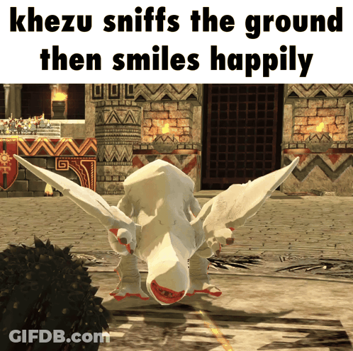 Khezu Sniffs Ground Then Smiles Happily GIF