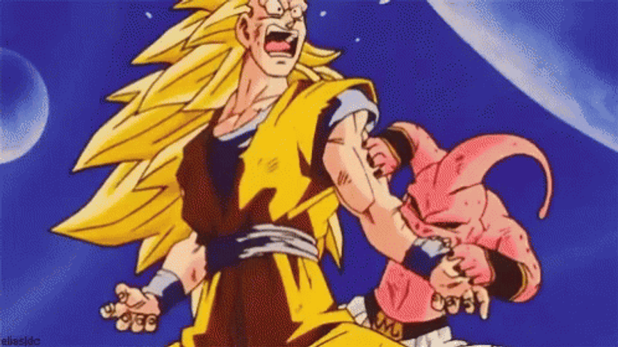 Kid Buu Biting Goku GIF