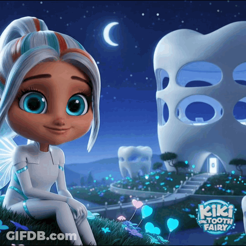 Kiki The Tooth Fairy Sits On Grass GIF
