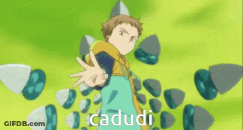 King From The Seven Deadly Sins Is Surrounded By Rocks And The Word Cadudi Is Visible GIF
