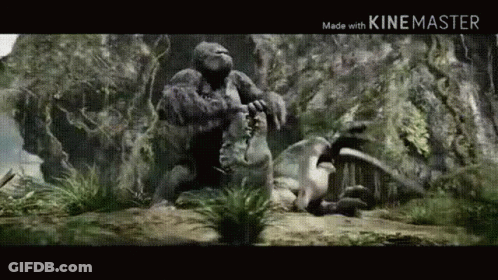 King Kong Is Eating A Dinosaur In The Jungle In A Movie . GIF