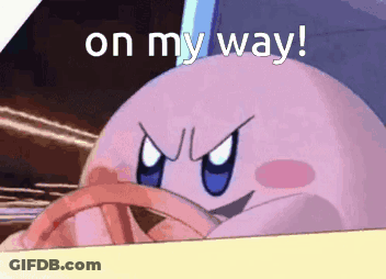 Kirby Is Driving A Car With The Words On My Way Written Above Him GIF