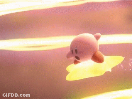 Kirby Is Flying Through The Air On Top Of A Yellow Star . GIF
