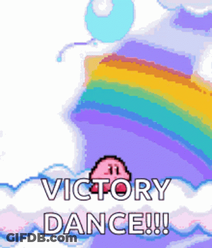 Kirby Is Flying Through The Air With A Rainbow In The Background And The Words `` Victory Dance !!! '' GIF