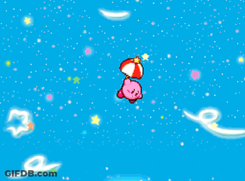 Kirby Is Flying Through The Air With A Red And White Umbrella GIF