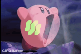 Kirby Pink Cartoon Character With Big Mouth And Green Emblem GIF