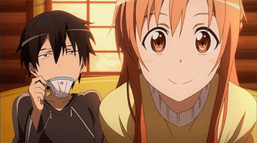 Kirito Drinking Tea While Watching Asuna GIF