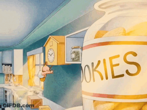 Kitchen Cartoon With Clock And Cookies GIF