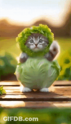 Kitten Dressed As Lettuce Leaf On Table GIF