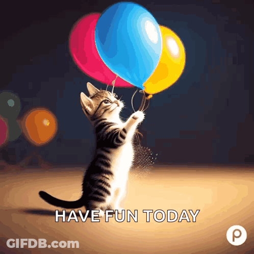 Kitten Holding Balloons Have Fun Today GIF