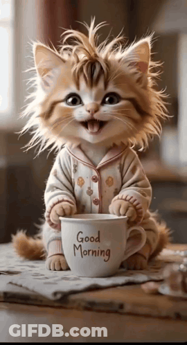 Kitten Holding Cup Saying Good Morning GIF
