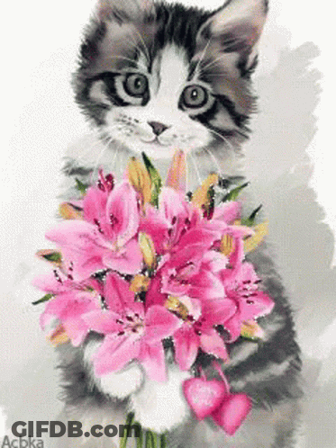 Kitten Holding Pink Flowers GIF