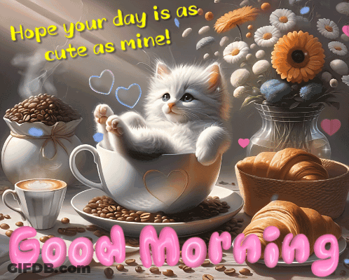 Kitten In Coffee Cup Saying Hope Your Day Is As Cute As Mine GIF