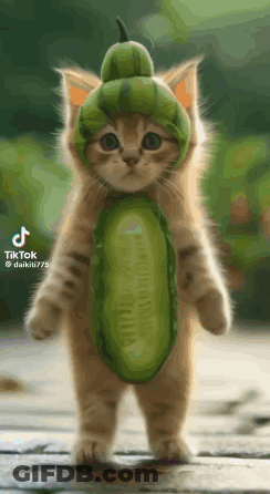 Kitten In Cucumber Costume Standing On Wood GIF