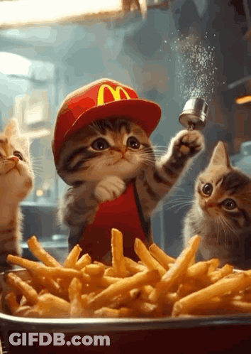 Kitten In McDonald's Hat Holding Salt GIF