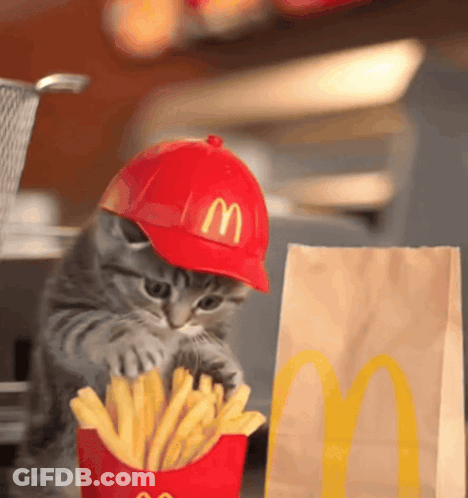 Kitten In Red McDonald's Hat Playing With Fries GIF