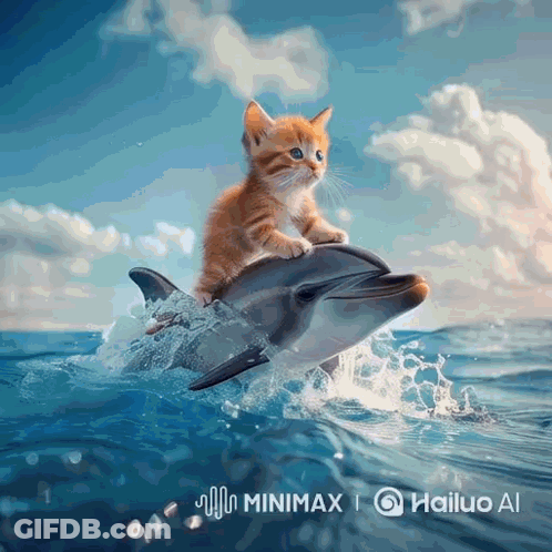 Kitten Riding Dolphin In Ocean GIF
