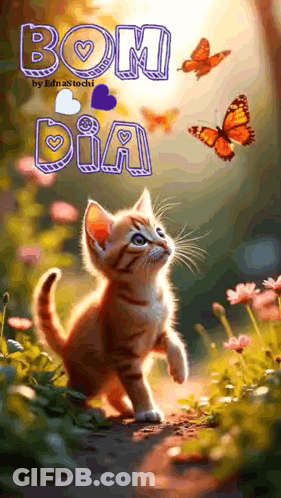 Kitten Standing In Field With Butterflies GIF
