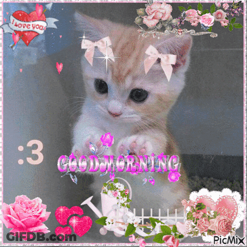 Kitten Surrounded By Pink Flowers Good Morning GIF