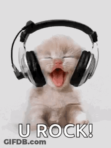 Kitten With Headphones Saying U Rock GIF