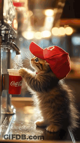 Kitten With Red Hat Drinking From Coca-Cola Cup GIF