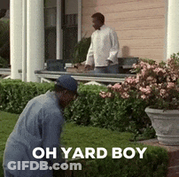 Kneeling Man In Front Of House With Oh Yard Boy GIF