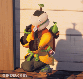 Kneeling Man Statue Holding Pear And Sword GIF