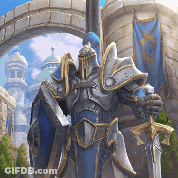 Knight Holding Sword And Shield In Front Of Castle GIF