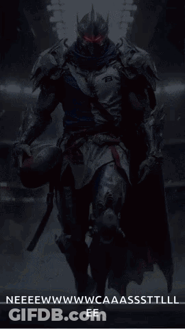 Knight In Armor Holding Football In Dark Room GIF