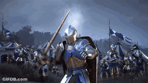 Knight In Armor Holding Sword And Shield With Soldiers GIF