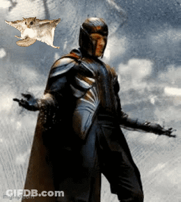Knight In Armor Standing Against Cloudy Sky With Bat GIF