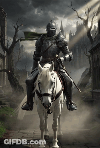 Knight Riding White Horse With Castle GIF