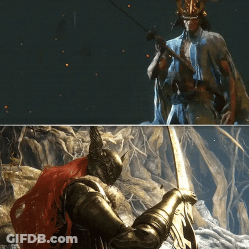 Knight With Sword And Samurai Holding Spear GIF