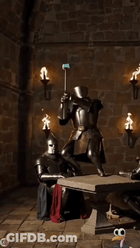 Knights Gathered Around Table With Knight Holding Flag GIF