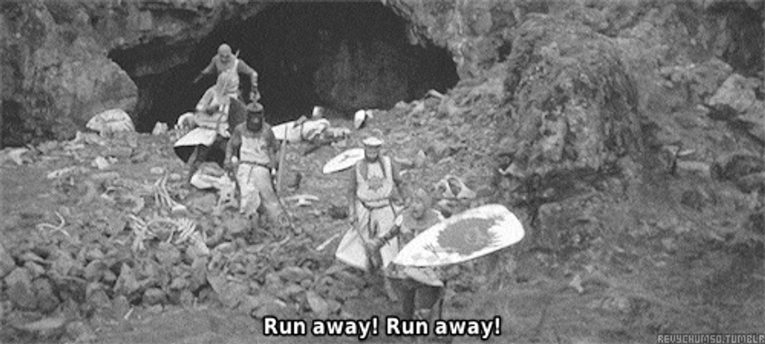 Knights Running Away From Goblin Cave GIF