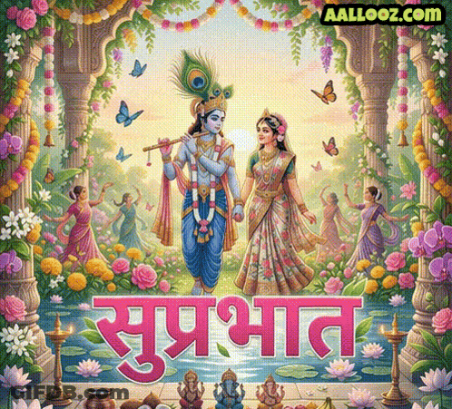 Krishna And Radha With Flowers And Butterflies GIF