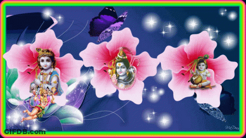 Krishna And Shiva Painting With Butterfly And Stars GIF