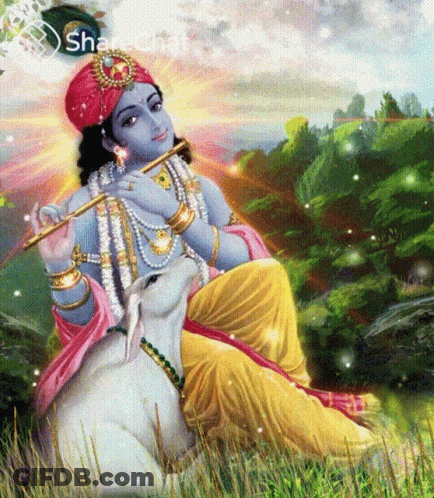 Krishna Playing Flute With Cow GIF