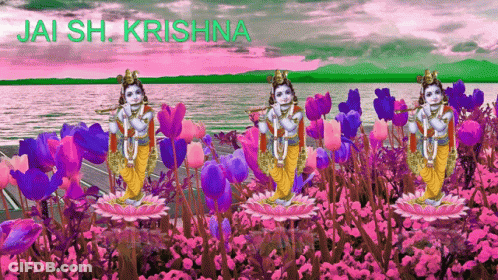 Krishna Playing Flute With Pink And Purple Flowers GIF