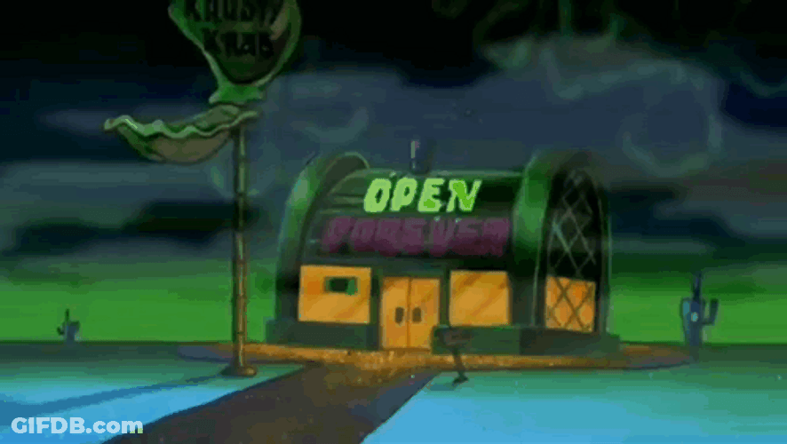 Krusty Krab With Neon Lights Saying Open Forever GIF