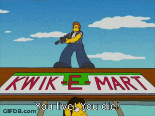 Kwik-E-Mart Sign With Man Holding Gun GIF