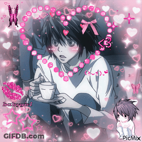 L From Death Note Holding Coffee With Heart GIF