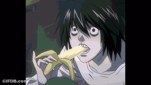 L From Death Note Is Eating A Banana With His Mouth Open GIF