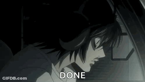 L From Death Note Is Sitting In A Car With His Eyes Closed And The Words `` Done '' Written On His Face . GIF